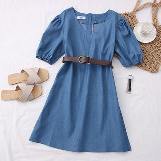 Puff-sleeve V-neck Denim Mini Dress With Belt Blue - One Size
