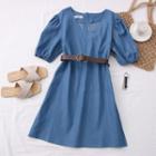 Puff-sleeve V-neck Denim Mini Dress With Belt Blue - One Size