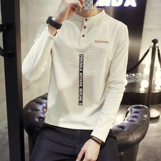 Lettering Applique Long Sleeve Henley T-shirt
