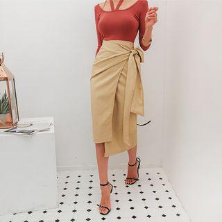 Tie-waist H-line Long Wrap Skirt