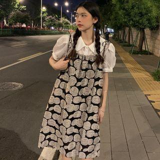 Print Midi A-line Overall Dress / Puff-sleeve Collared Blouse