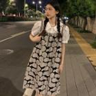 Print Midi A-line Overall Dress / Puff-sleeve Collared Blouse