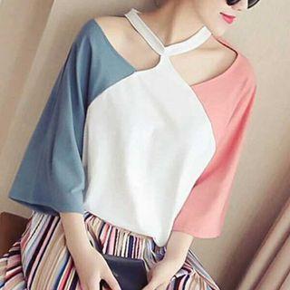 3/4-sleeve Cut Out Colour Block T-shirt