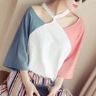 3/4-sleeve Cut Out Colour Block T-shirt
