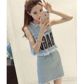Set: Lettering Denim Tank Top + Fray Hem A-line Denim Skirt