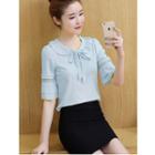 Perforated Elbow Sleeve Collared Chiffon Top