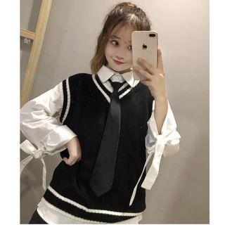 Plain Shirt / Necktie / V-neck Knit Vest / Set