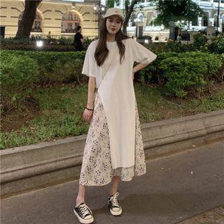 Print Slit T-shirt / Floral Midi A-line Skirt