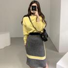 Set: Plain Sweater + Color Block Midi Knit Skirt Set - One Size