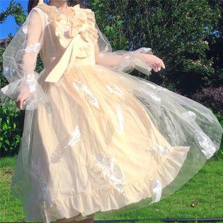 Long-sleeve Sheer Midi A-line Dress White - One Size
