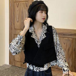 Long-sleeve Leopard Print Shirt / Tie-waist Cropped Vest