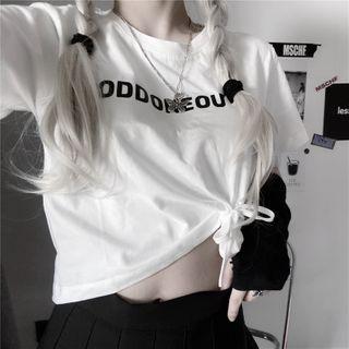 Tie-front Lettering Short-sleeve Cropped Top
