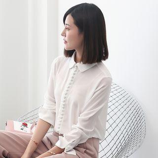 Peter Pan Collar Long-sleeved Loose-fit Straight Chiffon Plain Blouse