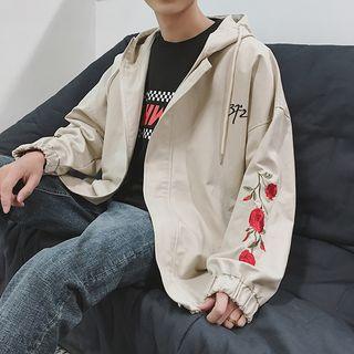Floral Embroidery Hooded Zip-up Jacket