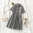 Plaid Short-sleeve Chinese Knot Button A-line Dress As Shown In Figure - One Size