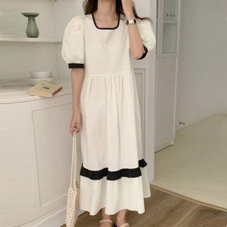 Puff-sleeve Contrast Trim Plain Dress