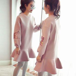 Puff-sleeve Sequined Ruffle Hem Mini Pullover Dress