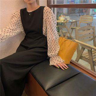 Bell-sleeve Dotted Top / Sleeveless Plain Dress