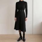 Mock-neck Flared Midi Rib-knit Dress Black - One Size