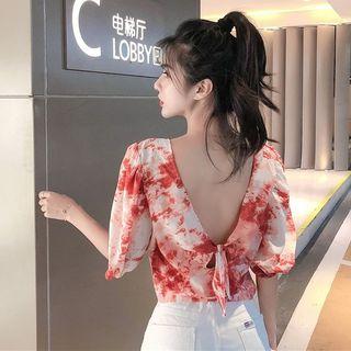 Elbow-sleeve Tie Dye Open Back Chiffon Top