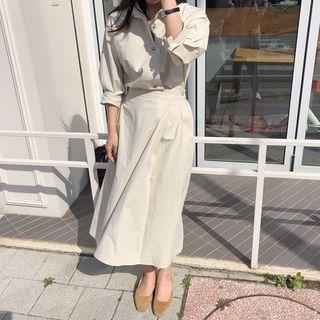 Collared Puff-sleeve Midi A-line Dress