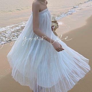 Strapless Mesh Midi Dress White - One Size