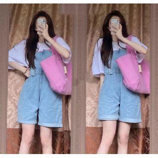 Elbow-sleeve T-shirt / Denim Jumper Shorts