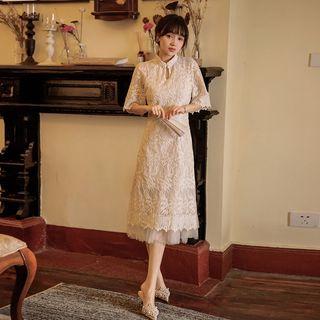 Traditional Chinese Elbow-sleeve Embroidered Lace Midi Dress