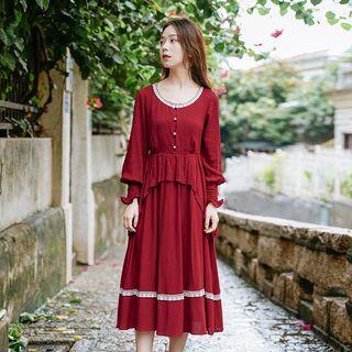 Pearl-accent Long-sleeve Midi A-line Dress
