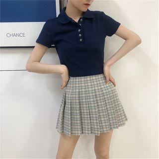 Short-sleeve Cropped Polo Shirt / Plaid A-line Skirt