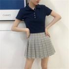 Short-sleeve Cropped Polo Shirt / Plaid A-line Skirt