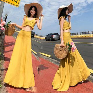 Set: Ruffle Trim Sleeveless Cropped Top + Maxi A-line Skirt