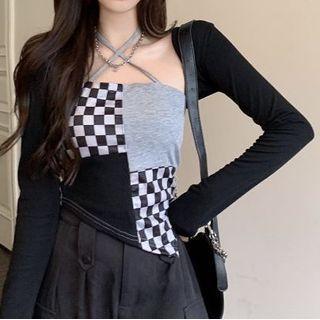 Shrug Cardigan / Checkerboard Halter Top
