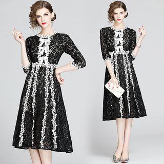 3/4-sleeve Contrast Trim Lace Dress