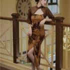 Set: Elbow-sleeve Shrug + Spaghetti Strap Floral Mini Bodycon Dress
