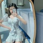 Balloon-sleeve Ruffled Mini A-line Dress