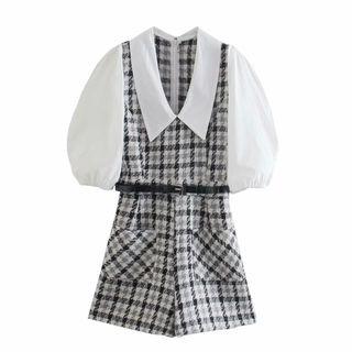 Puff-sleeve Collared Plaid Romper