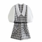 Puff-sleeve Collared Plaid Romper