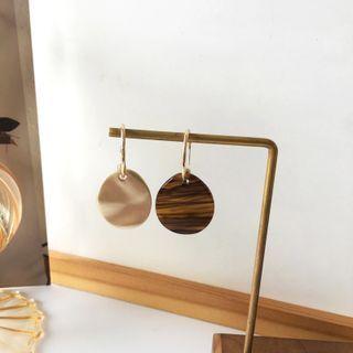 Asymmetrical Disc Drop Earring 1 Pair - S925 Silver - Almond & Brown - One Size