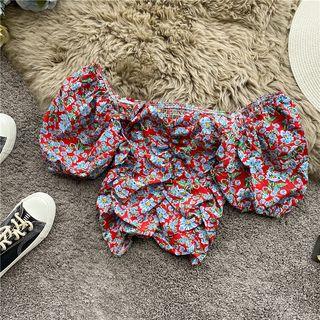 Puff-sleeve Floral Crop Top
