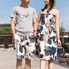 Women Print Strapless Sundress / Men Lettering T-shirt / Shorts