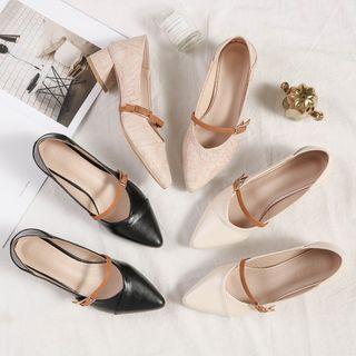 Faux Leather Block Heel Pointed Pumps