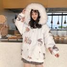 Rabbit Print Faux Fur Trim Hooded Padded Coat White - One Size