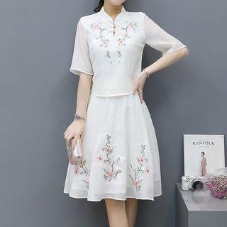 Set: Flower Embroidered Elbow-sleeve Top + A-line Skirt