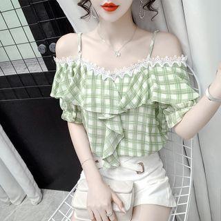 Off-shoulder Plaid Lace Trim Top