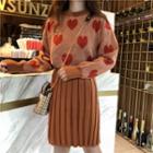 Heart Print Sweater / Pleated Knit Skirt