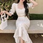 Puff-sleeve Square-neck Dot Top / High-waist Dot Fish Tail Midi Skirt