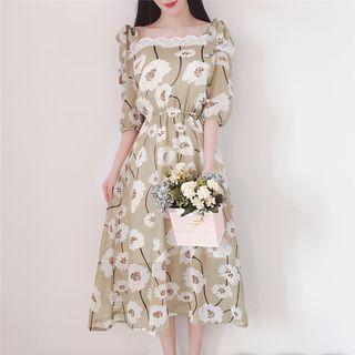 Elbow-sleeve Cold Shoulder Floral Print Chiffon Midi Dress