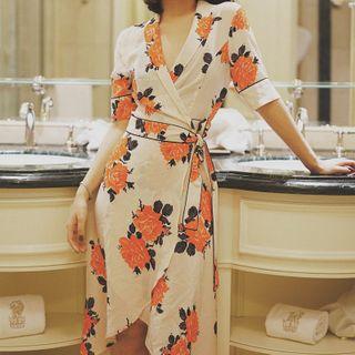 Flower Print Elbow-sleeve Chiffon Wrap Dress