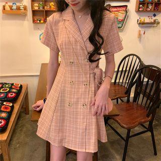 Short-sleeve Double-breasted Plaid Mini A-line Dress Pink - One Size
